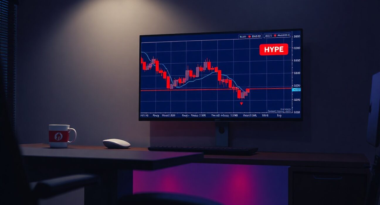 A digital trading screen showing a declining HYPE chart in a dimly lit office, symbolizing a large token sell-off.