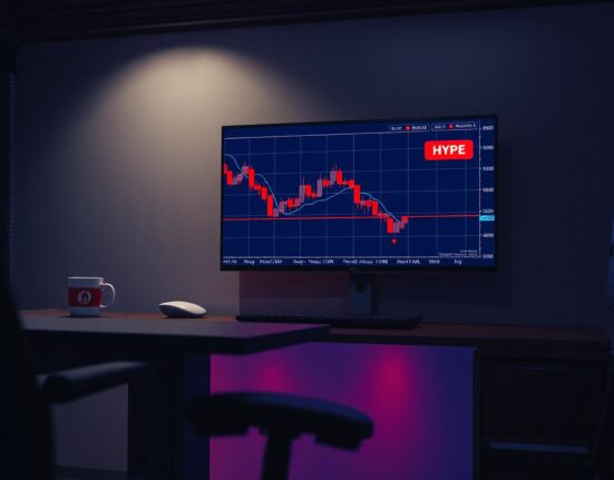 A digital trading screen showing a declining HYPE chart in a dimly lit office, symbolizing a large token sell-off.