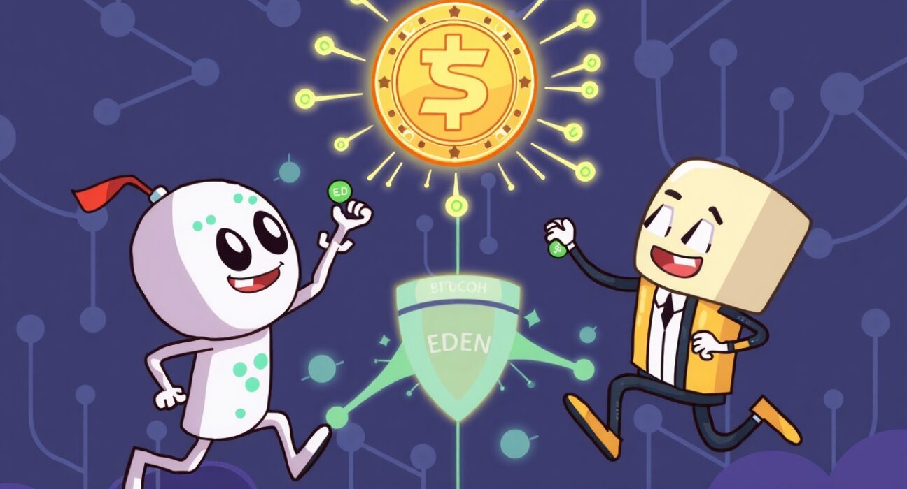 Cartoon showing OpenEden and BitGo competing to issue Hyperliquid's USDH stablecoin, highlighting the pivotal race in digital finance.