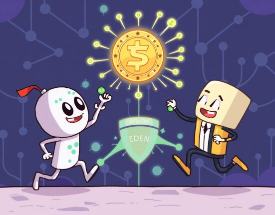 Cartoon showing OpenEden and BitGo competing to issue Hyperliquid's USDH stablecoin, highlighting the pivotal race in digital finance.