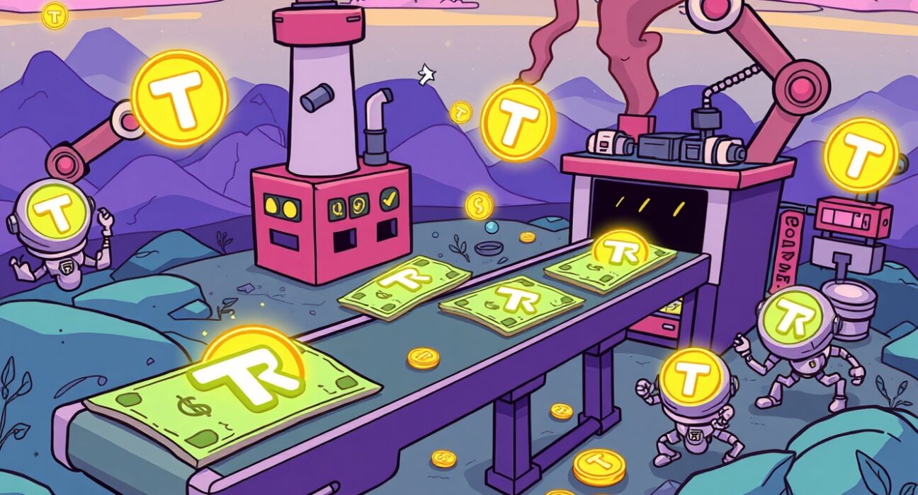 USDJ stablecoin conversion process illustrated as a vibrant cartoon factory transforming assets into TRX coins.