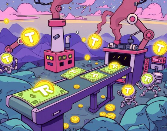 USDJ stablecoin conversion process illustrated as a vibrant cartoon factory transforming assets into TRX coins.