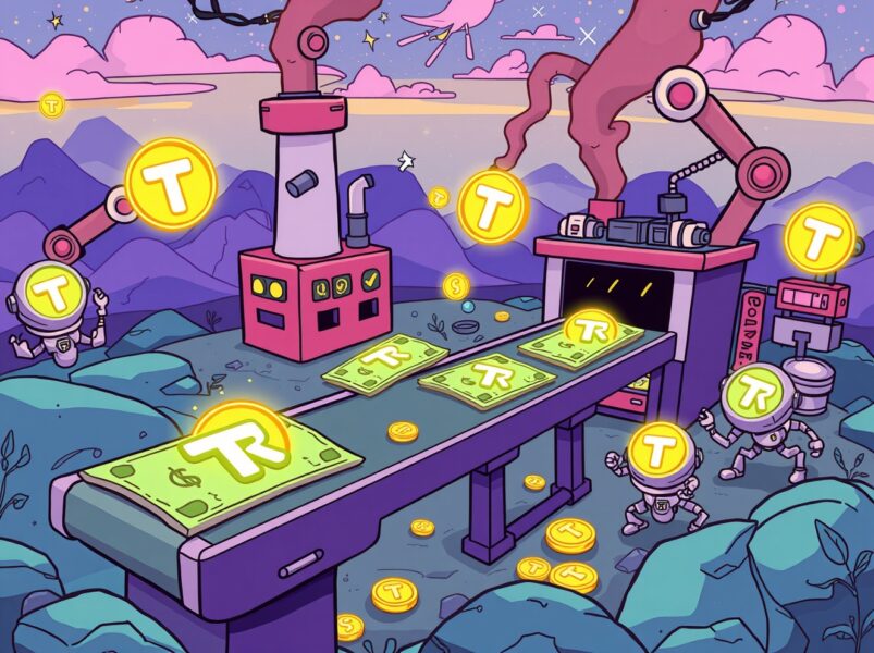 USDJ stablecoin conversion process illustrated as a vibrant cartoon factory transforming assets into TRX coins.