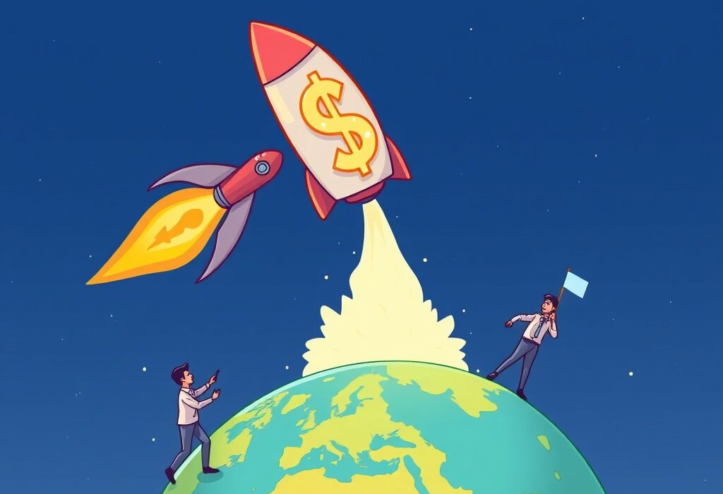 A cartoon illustration showing the USDSL stablecoin streamlining global business payments, symbolizing efficiency and speed.