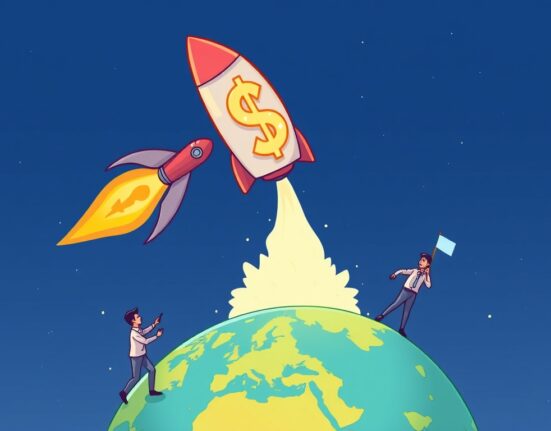 A cartoon illustration showing the USDSL stablecoin streamlining global business payments, symbolizing efficiency and speed.
