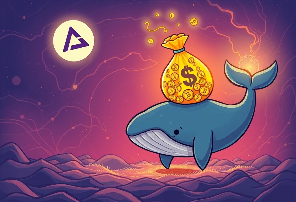 A digital whale icon pushing a large stack of coins representing a significant USDT transfer from Aave to an anonymous digital wallet, illustrating crypto market activity.