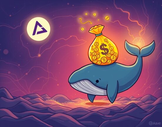 A large USDT transfer from Aave to an an unknown wallet, depicted by a whale moving digital assets, highlights significant crypto activity.
