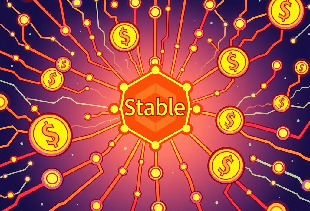 A vibrant cartoon showing a secure, futuristic USDT-based blockchain facilitating fast stablecoin payments.