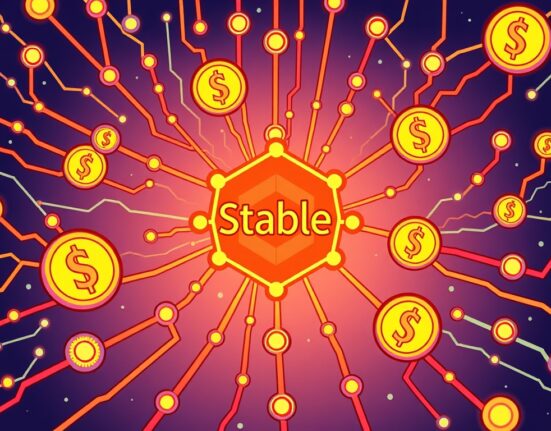 A vibrant cartoon showing a secure, futuristic USDT-based blockchain facilitating fast stablecoin payments.