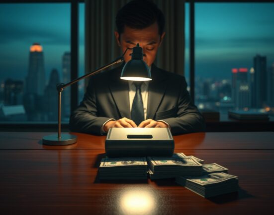 USDT bribery investigation in Chongqing showing a cold wallet and cash on a desk