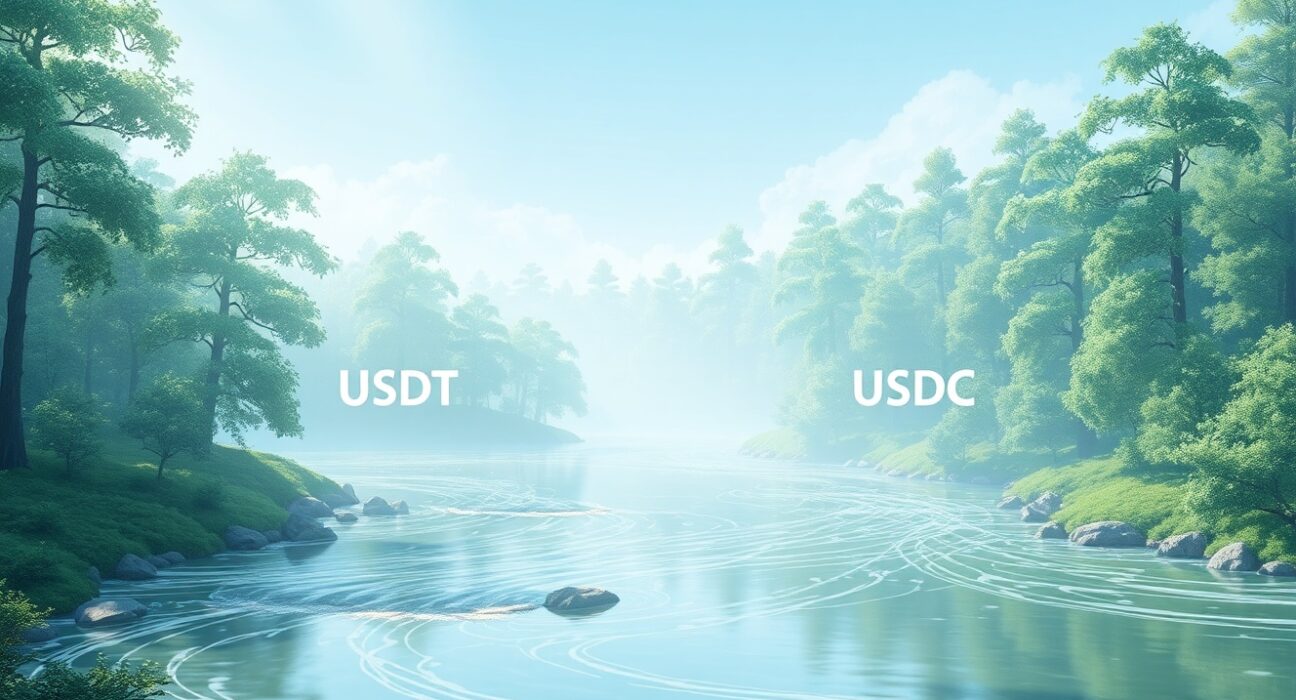 Illustration of the shifting balance between USDT and USDC stablecoin circulation in the cryptocurrency market.