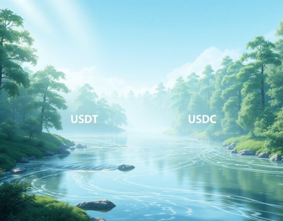 Illustration of the shifting balance between USDT and USDC stablecoin circulation in the cryptocurrency market.