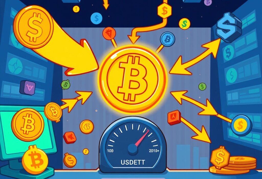 A cartoon illustration showing the vibrant recovery of USDT circulation, with digital coins moving actively across blockchain networks.