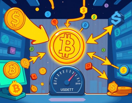 A cartoon illustration showing the vibrant recovery of USDT circulation, with digital coins moving actively across blockchain networks.