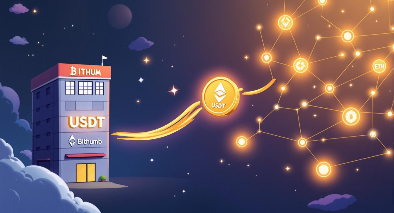 A cartoon illustration showing USDT on Ethereum transfers, symbolizing enhanced flexibility for Bithumb users.