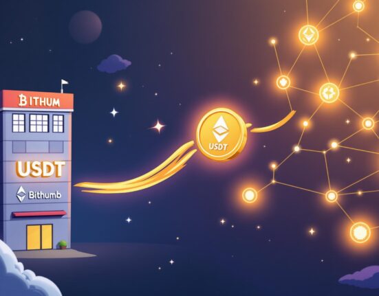 A cartoon illustration showing USDT on Ethereum transfers, symbolizing enhanced flexibility for Bithumb users.