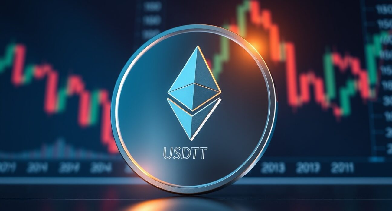Tether USDT coin icon floating above a digital exchange interface with Ethereum network symbols.