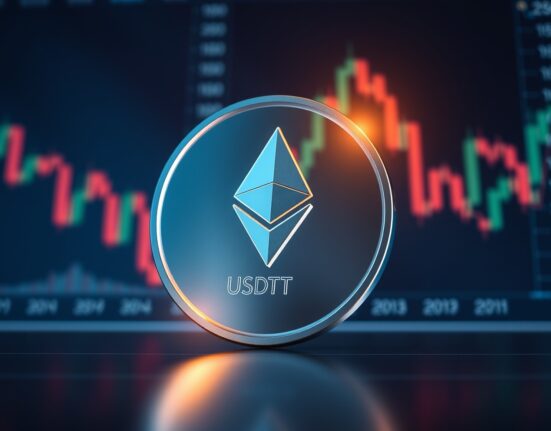 Tether USDT coin icon floating above a digital exchange interface with Ethereum network symbols.