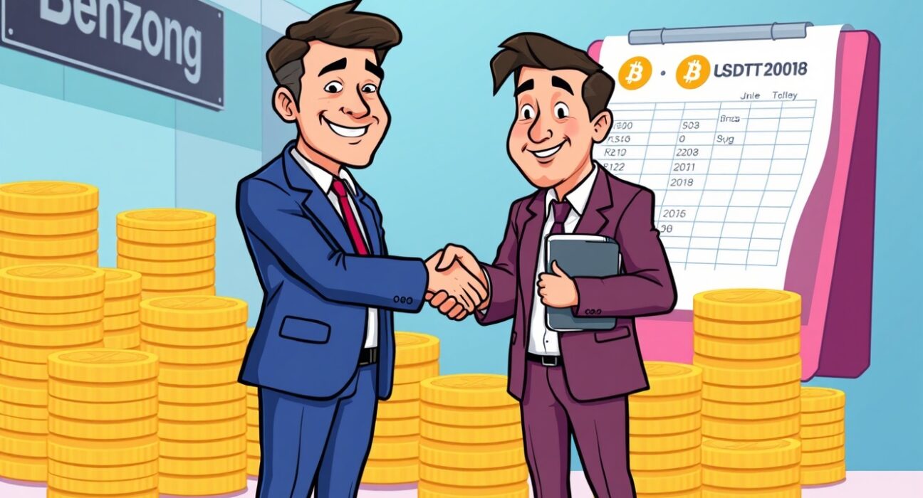 Cartoon illustration showing a secure and innovative USDT lending service for corporate clients, symbolizing new financial opportunities.