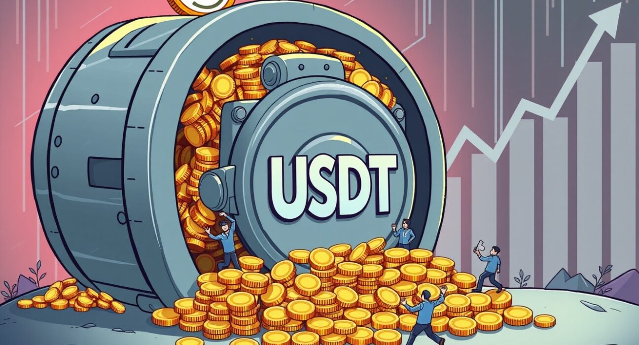 A cartoon showing the enormous growth of the USDT market cap, with a large vault representing Tether's $170 billion milestone.