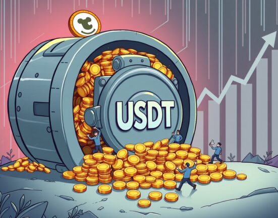 A cartoon showing the enormous growth of the USDT market cap, with a large vault representing Tether's $170 billion milestone.