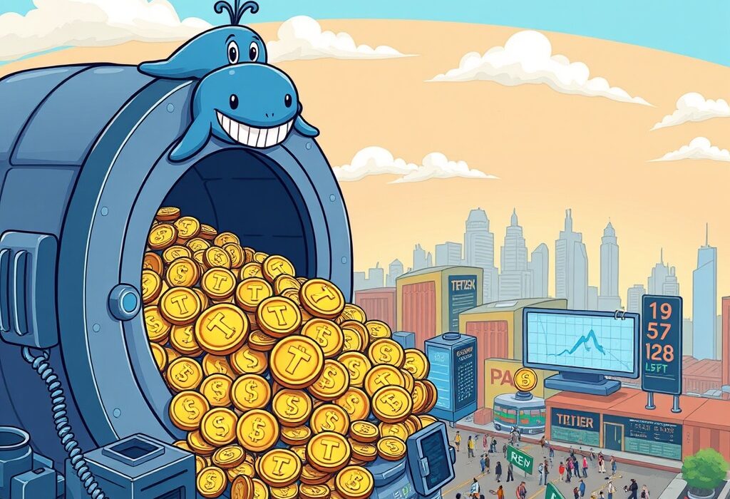 A cartoon whale observes a vast amount of USDT minted from a digital treasury, symbolizing a major stablecoin supply increase in the crypto market.