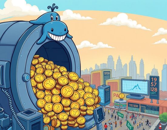 A cartoon whale observes a vast amount of USDT minted from a digital treasury, symbolizing a major stablecoin supply increase in the crypto market.