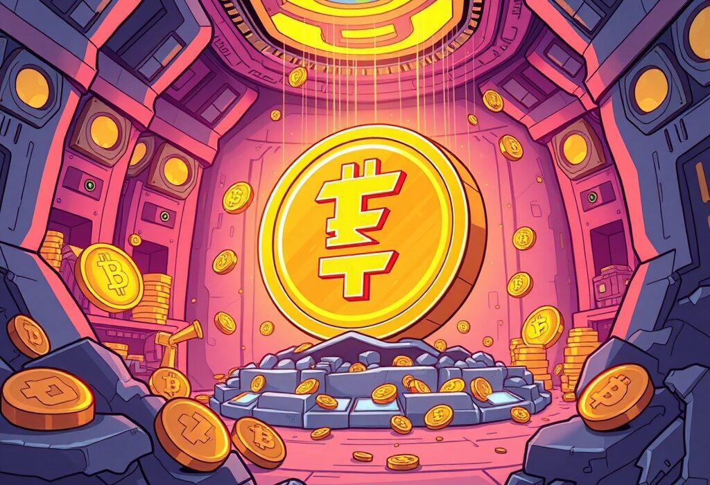 Cartoon illustration of a large sum of USDT minted, symbolizing its impact on the cryptocurrency market.