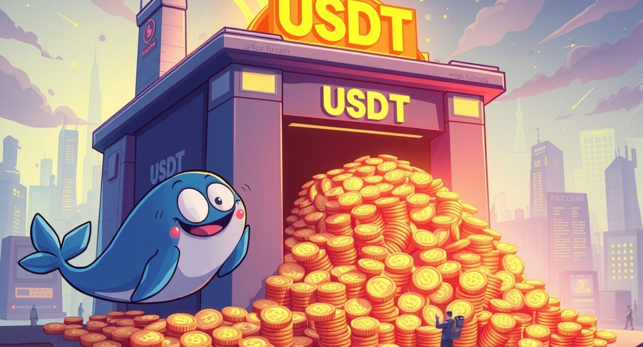 Cartoon illustration showing 1 billion USDT minted from Tether Treasury, signifying new stablecoin liquidity entering the crypto market.