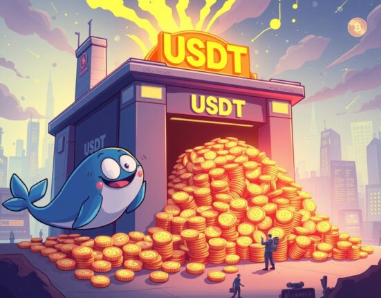 Cartoon illustration showing 1 billion USDT minted from Tether Treasury, signifying new stablecoin liquidity entering the crypto market.