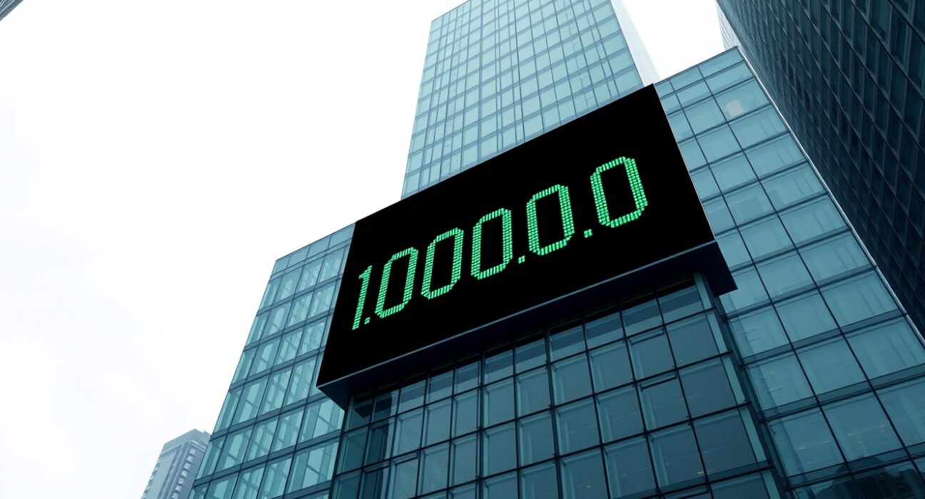 Tether Treasury building in Hong Kong with a digital screen showing 1,000,000,000 USDT minted, representing a major stablecoin supply increase.
