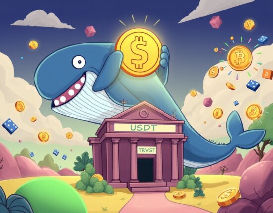 A cartoon illustration showing a whale holding a newly USDT minted coin, symbolizing the significant issuance from Tether Treasury.