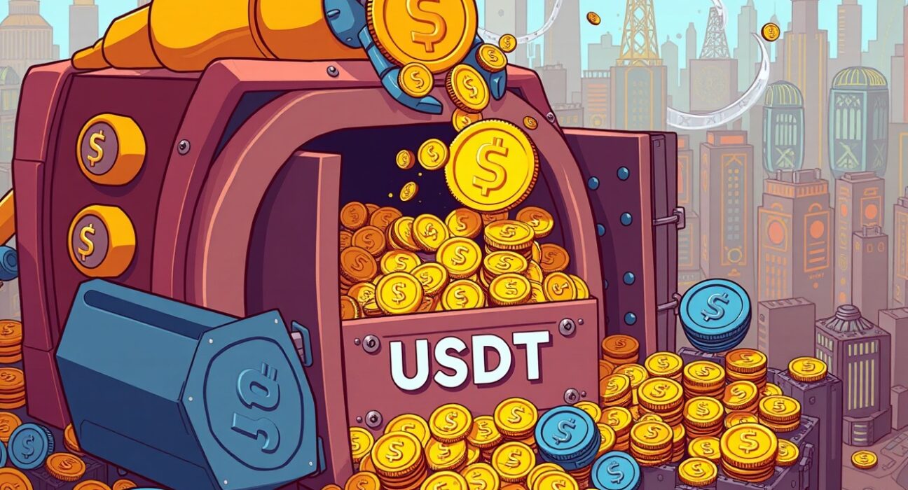 Cartoon showing a large treasury vault with new USDT minting, symbolizing a significant increase in stablecoin supply.