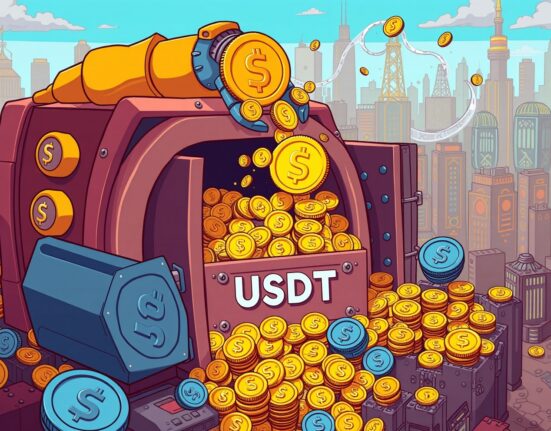 Cartoon showing a large treasury vault with new USDT minting, symbolizing a significant increase in stablecoin supply.