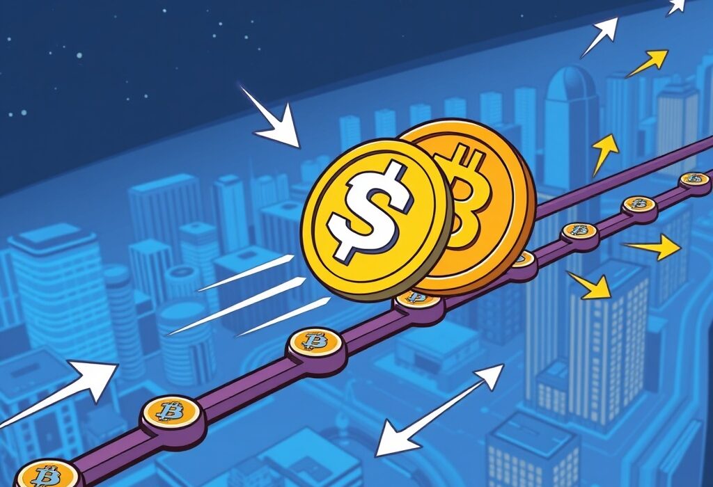 A cartoon illustration showing native USDT on Bitcoin, symbolizing efficient stablecoin transfers on the network.