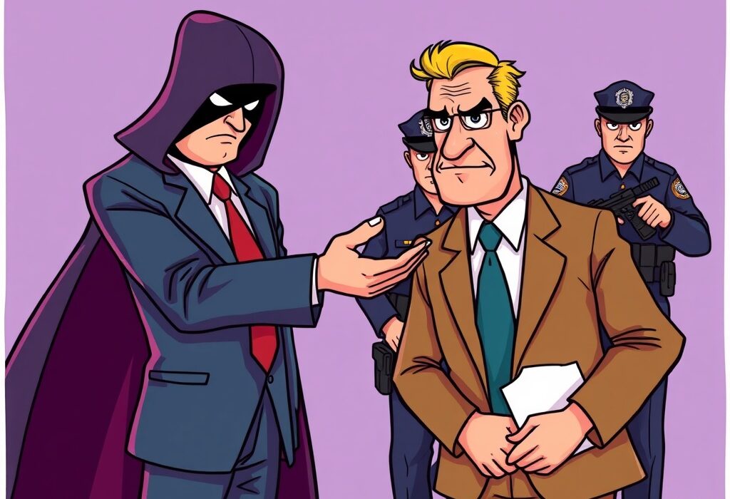 Cartoon illustration showing a cryptocurrency fraudster being apprehended by police, highlighting the dangers of a USDT scam.
