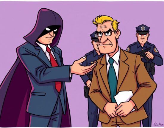 Cartoon illustration showing a cryptocurrency fraudster being apprehended by police, highlighting the dangers of a USDT scam.