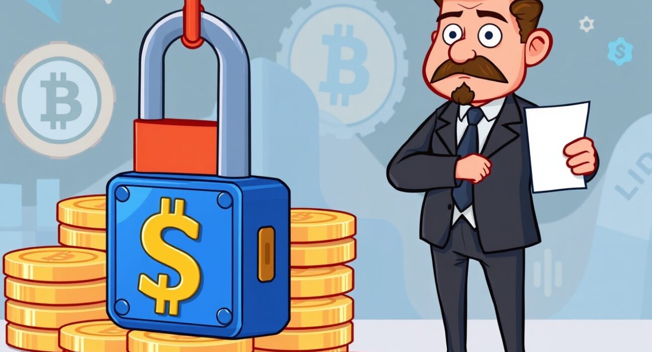 Cartoon showing authorities seizing digital assets, highlighting the recent USDT seizure linked to crypto fraud.