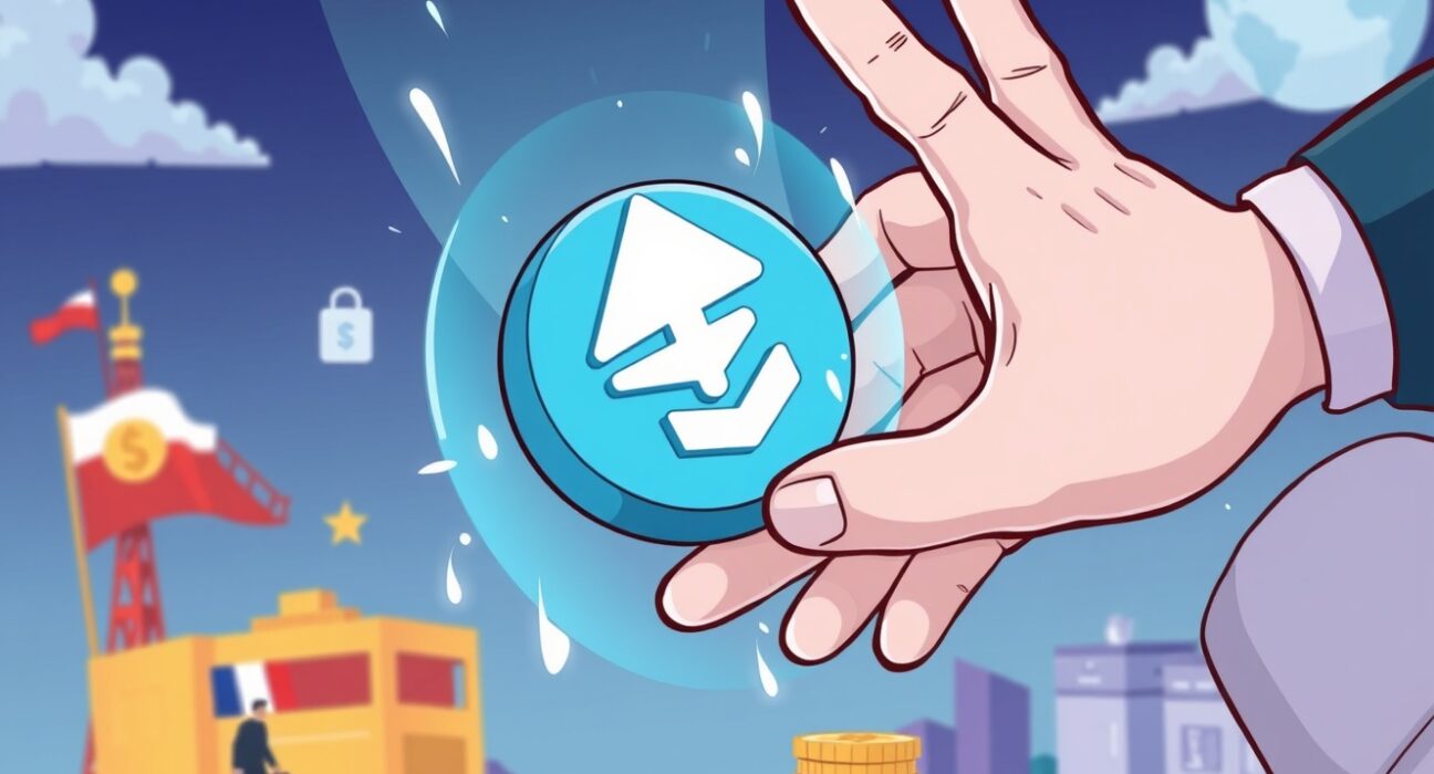 Cartoon illustrating a digital hand freezing a USDT symbol, representing the significant Israel USDT seizure efforts against alleged terror financing.