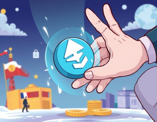 Cartoon illustrating a digital hand freezing a USDT symbol, representing the significant Israel USDT seizure efforts against alleged terror financing.