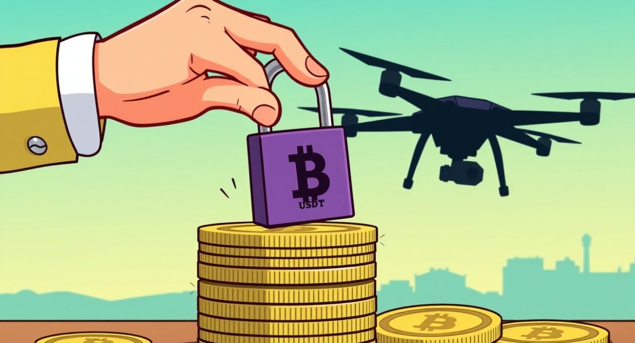 An official hand securing digital assets, symbolizing the US DOJ's USDT seizure from an Iranian drone firm founder.