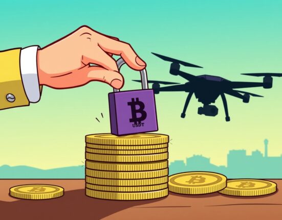 An official hand securing digital assets, symbolizing the US DOJ's USDT seizure from an Iranian drone firm founder.