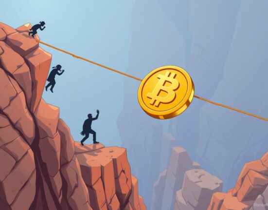 USDT stability rating downgrade shown as unstable coin on tightrope with risky assets pulling down