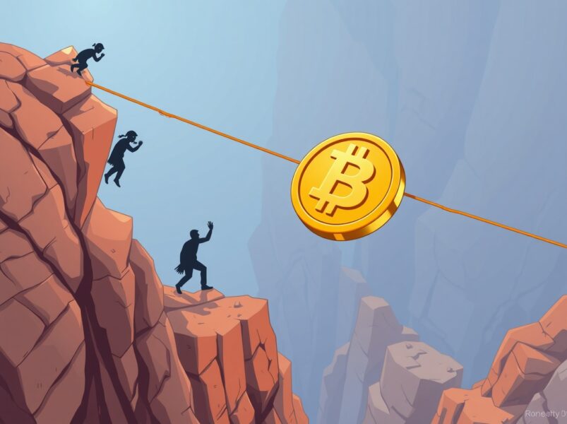 USDT stability rating downgrade shown as unstable coin on tightrope with risky assets pulling down