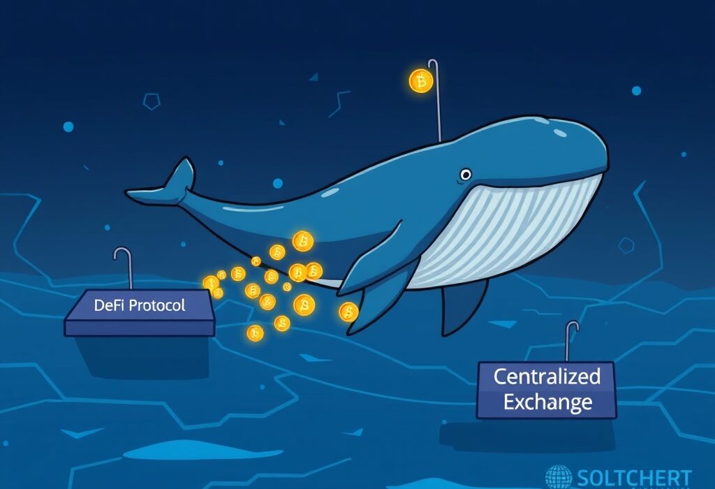 A vibrant cartoon illustrating a significant USDT transfer, showing a large sum moving from a decentralized finance platform to a centralized exchange.