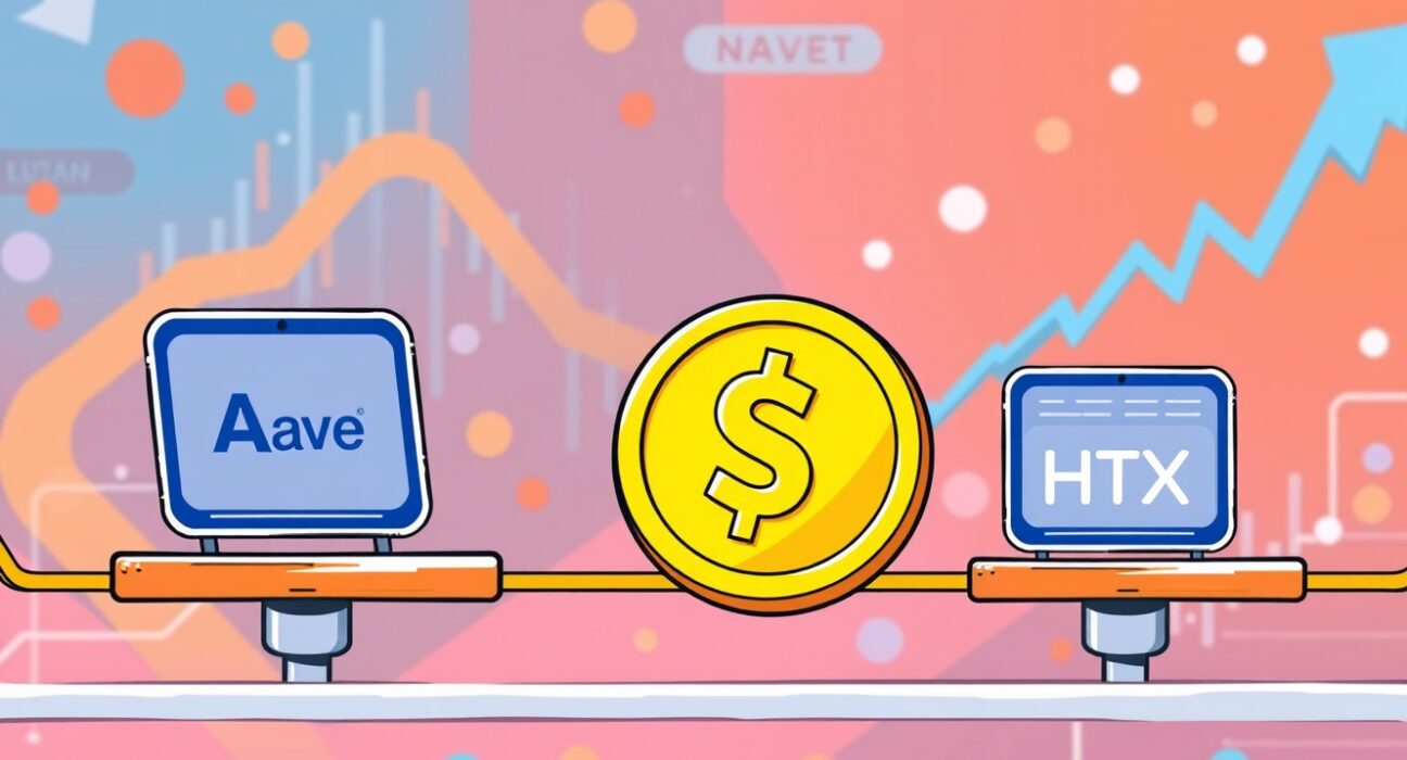 A cartoon illustration of a large USDT transfer moving from the Aave platform to HTX, symbolizing a significant cryptocurrency transaction.