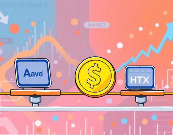 A cartoon illustration of a large USDT transfer moving from the Aave platform to HTX, symbolizing a significant cryptocurrency transaction.