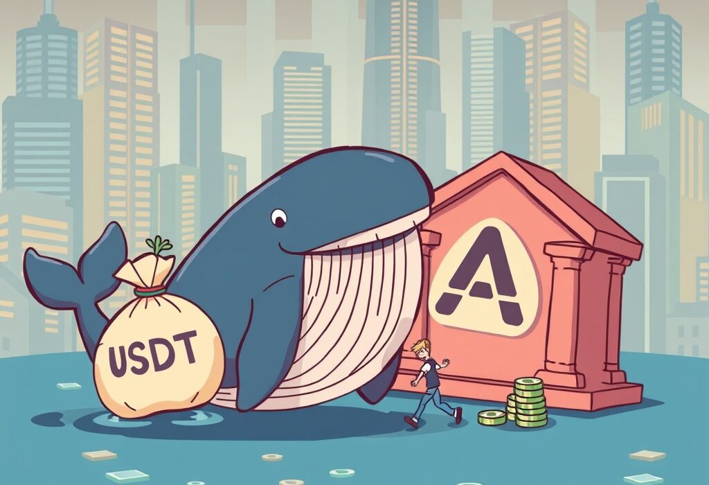 A cartoon whale facilitating a significant USDT transfer to Aave, illustrating large cryptocurrency movements and their market implications.