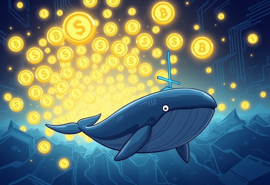 A cartoon whale represents a massive USDT transfer from Aave to an unknown wallet, highlighting significant crypto movement.