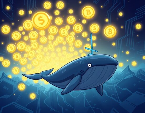 A cartoon whale represents a massive USDT transfer from Aave to an unknown wallet, highlighting significant crypto movement.